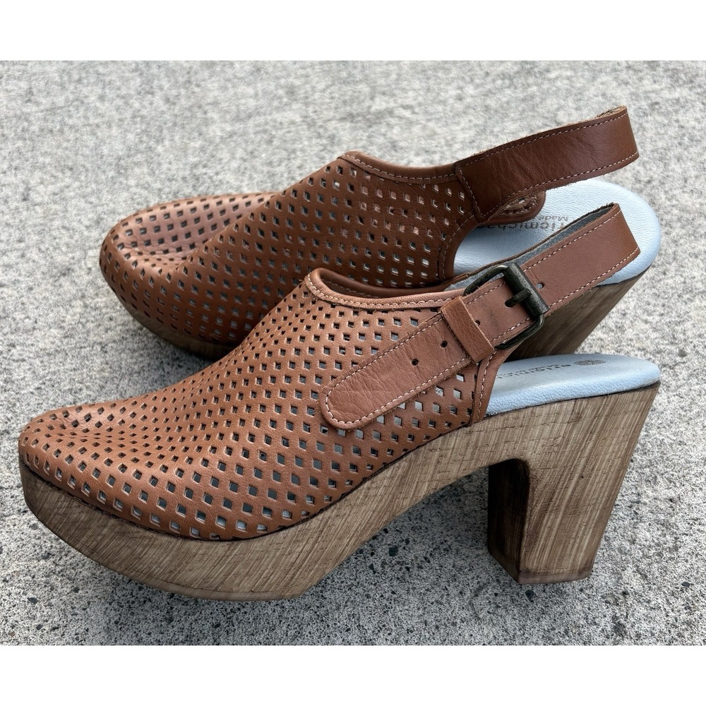 Eric Michael Portugal Tan Perforated Leather Slingback Platform Clogs Size 39